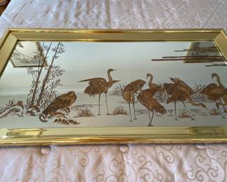1970's Asian style Gold Cranes etched mirror.  $250.00      53.5"w 29.75"t