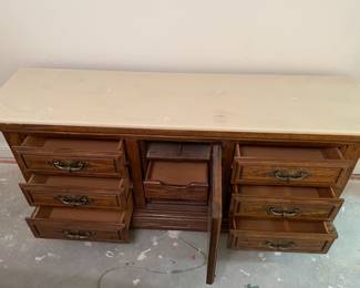 All Wood triple dresser w poured Marble top: (project)    72.25"w 19.5"d 32"t   $   125.00 Needs TLC                                                                                Set of 4 matching bedroom pieces $250.00