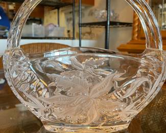 Glass basket with etched flowers 10"w 7"d 10"t  $ 36.00