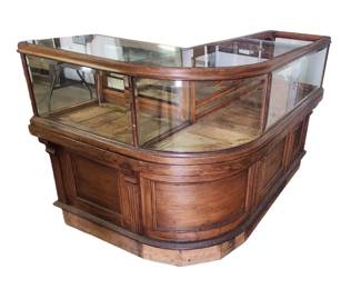 Unique curved jewelers cabinet with beveled glass 