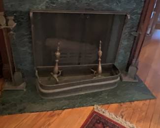 Fireplace implements, skirt and andirons