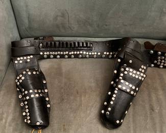 Dual Gun Holsters on belt Black with rivets