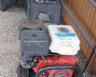 Honda 11hp Engine Pressure washer on cart with wheels. Engine runs fine, but the pressure valve may require replacement. 