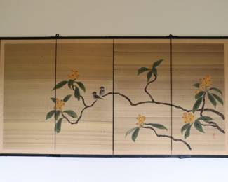 Vintage Asian Hand Painted 4 Panel Silk Screen