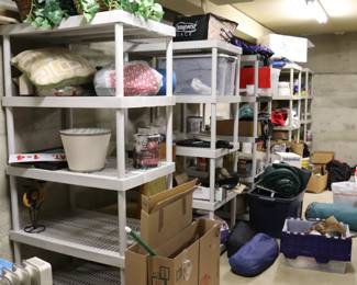Plastic storage shelves and misc home goods, camping gear, and tools