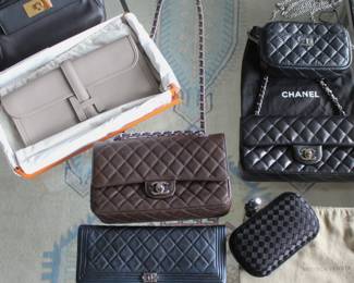 ALL authenticated from a Philanthropist's closet. With Entrupy certificates! Hermes Swift 24 $5,800, Hermes Jiga Elan new with receipt retail is $3900 - our price $2,500, 2009 Chanel double flap caviar purse chocolate brown $4,000, Bottega clutch with dust bag $400, etc. MORE TO BE ADDED