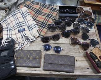LV wallets $50 each, Burberry Scarf $50/ea, Cartier Sunglasses $125, Sunglasses $50-125