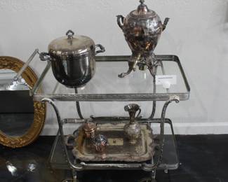 Gold Oval Mirror $175, Silver Beverage / Tea Set $60
