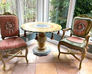 Mackenzie-Childs pedestal table, arm chair, side chair 