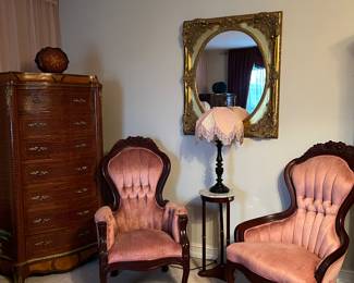 Victorian style reproduction chairs - gilded gold lamp - victorian style fringed lamp