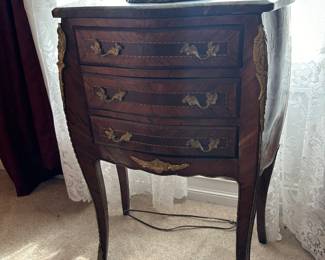 Louis XV style walnut side table with inlays, metal accents and dovetailed drawers