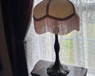 Victorian style metal base fringed fabric shade lamp