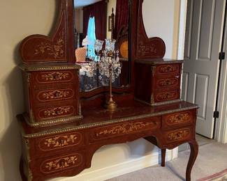 Dressing table - hand painted to replicate inlaid wood with metal, decorative trim