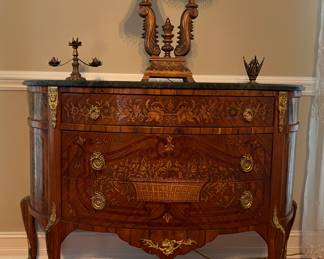 Louis XV reproduction table with inlay, marble top and metal accents