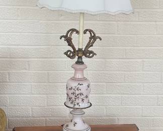 Pink Milk glass lamp with flowers