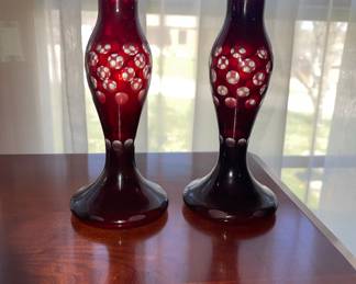 Bohemian ruby red cut to clear bud vases