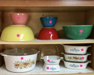 Pyrex primary color mixing bowls, Corning ware 