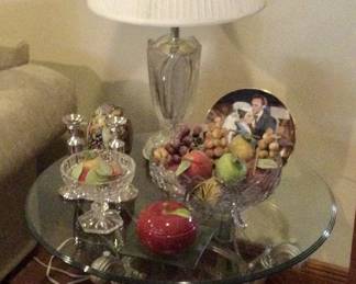 Lamp, glass topped table, decorative items