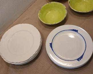 Homer Laughlin plates, two styles and green melamine bowls