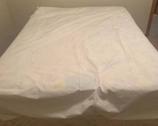 Queen size bed with frame. Mattress box springs with mattress protector. Mattress is the Odyssey Located in the basement. Doesnât include flooring under bed