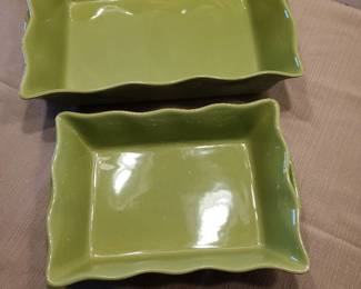 Green serving dishes with handles, dishwasher and microwave safe