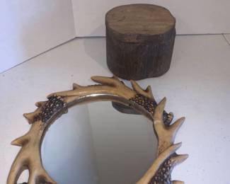 Natural wood box. 4 inch tall and an antler mirror 11 inches diameter