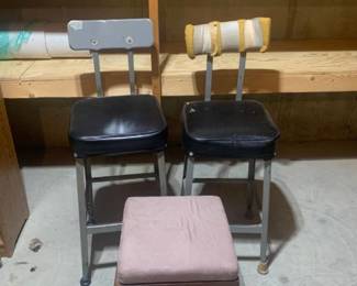 2 Shop chairs with stool. Tallest is 39 inches. Located in the basement