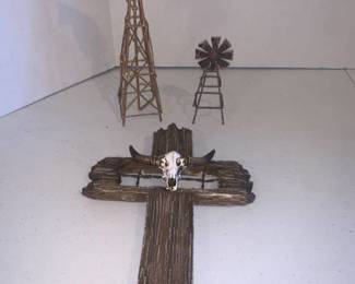 Windmills, tallest is 10 inches and a rustic cross, 12 inches