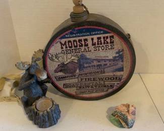 Moose Lake General Store canteen and moose candle holder and painted rock