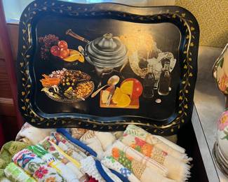 Vintage dish towels and Coca Cola serving tray