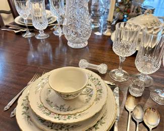 Glorious sets of china and cut crystal stemware, 2 sets of flatware 