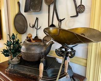 Scales, kettles, Griswold, vintage kitchen tools, etc.