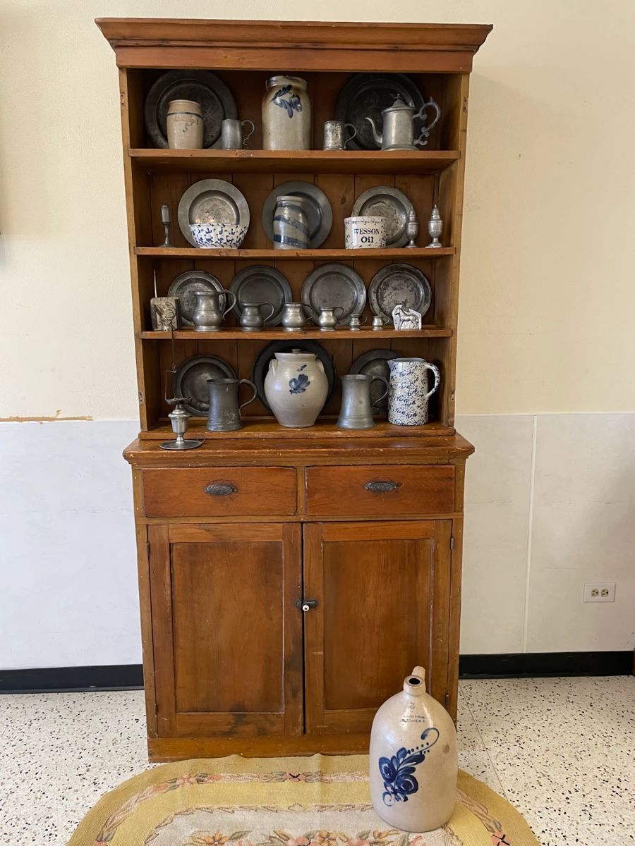 Pine Step Back Cupboard and Outstanding Collection of Blue Decorated Stoneware, Early Pewter and Blue and White Spongeware.