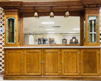 Fabulous 10 Ft Oak Back Bar with Art Glass and Marble Top