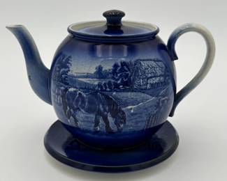 Flow Blue Double Sided Teapot w/ Horses and Cows and Trivet