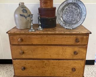 Pine Cottage Chest, Pewter, Round Wooden Pantry Boxes, and Blue Decorated Stoneware Jug