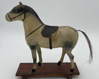 Early Papier Mache Composition Horse on Wheeled Platform