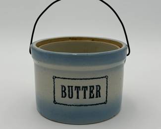 Blue and White Stoneware Butter Crock with Handle