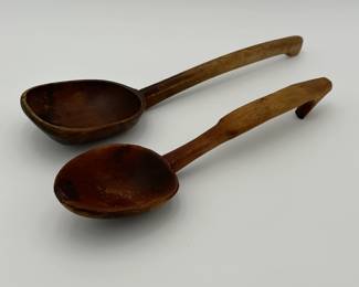 2 Early Wooden Hooked Handle Spoon/Ladle - Great Patina!