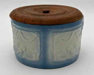 Blue and White Stoneware Cheese Crock with Wood Lid