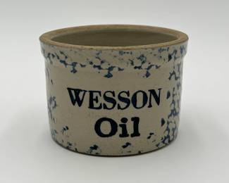Advertising Wesson Oil Blue and White Spongeware Crock