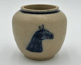 Whites Utica Blue Decorated Stoneware Jar with Horse