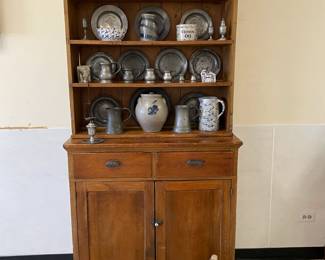 Pine Step Back Cupboard and Outstanding Collection of Blue Decorated Stoneware, Early Pewter and Blue and White Spongeware.
