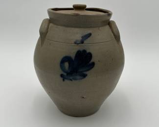 Blue Decorated Stoneware Ovoid Crock with Lid