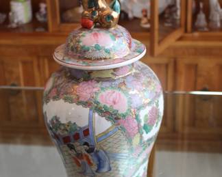 Vintage Famille Rose lidded jar with Foo dog - we have a pair of those!