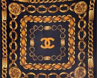 Lot 039  
Chanel Paris, CC Chain Blue and Gold Silk Scarf, Vintage