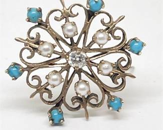 Lot 007  
Diamond, Pearl and Turquoise Gold Pin