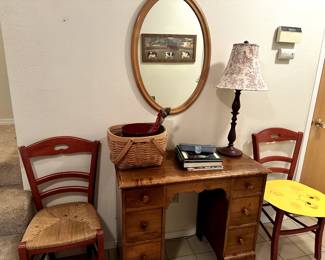Wood desk, side chairs, lamps, mirror