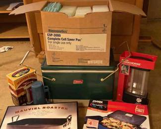 Vintage Camping Outdoor Goodies Coleman Cooler, Thermos, Pyrex, Storage  More 