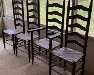 Set Of Four Antique Dark Brown Wooden Dining Chairs